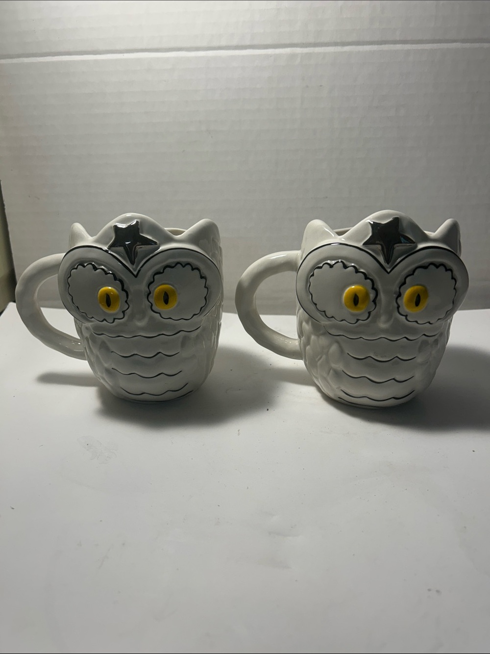 Anthropologie White Owl Mugs with Yellow Eye Accents Francesca Kaye signed